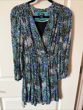 Anthropologie Floral V-Neck Long Sleeve Dress - Blue, Green, Black